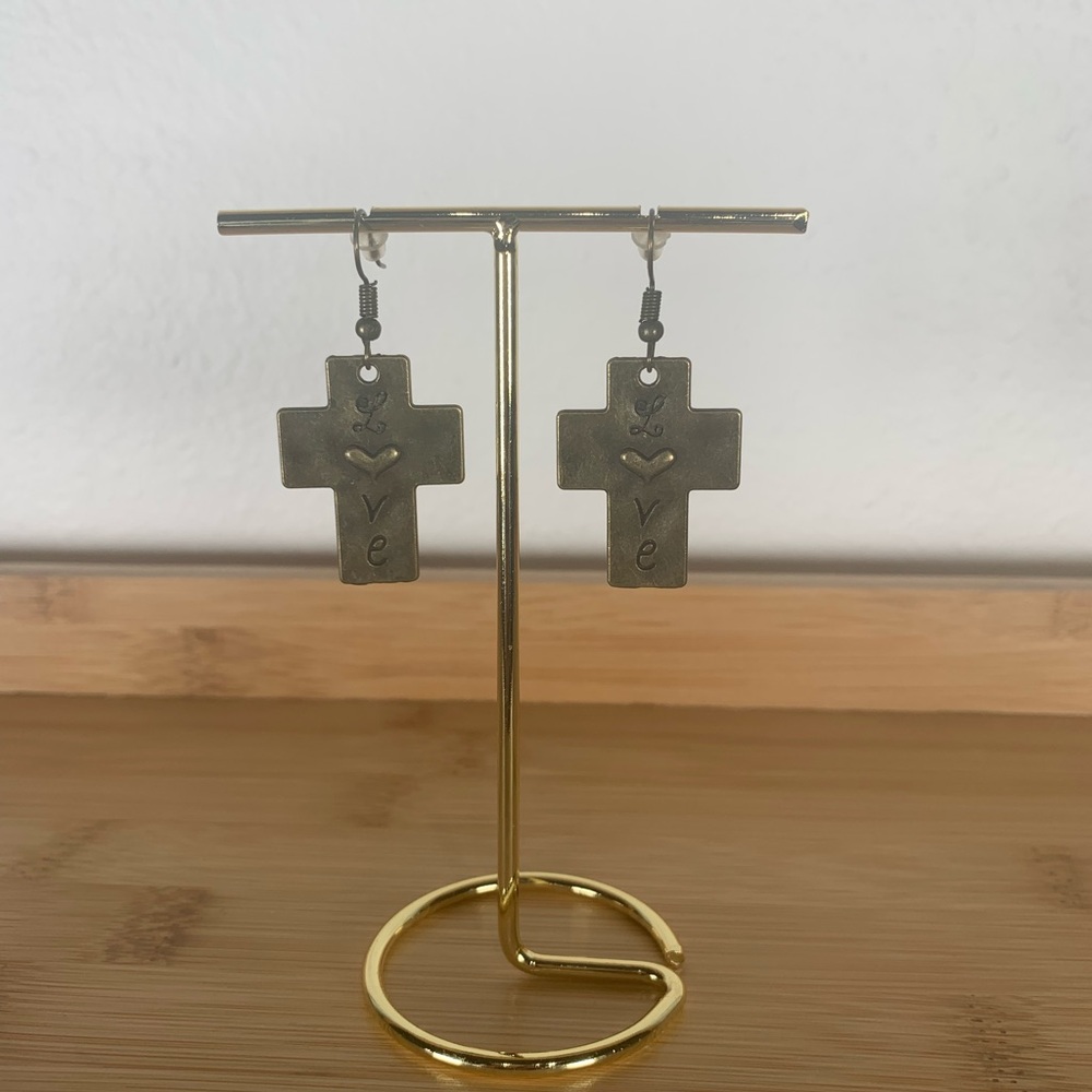 Brown /Bronze Cross Earrings with the word “LOVE” on it. For pierced ears.